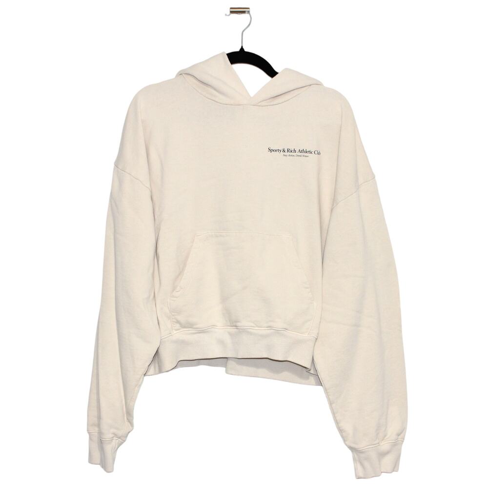 Sporty & Rich Upper East Side Cropped Hoodie Cream Logo Print Size XL